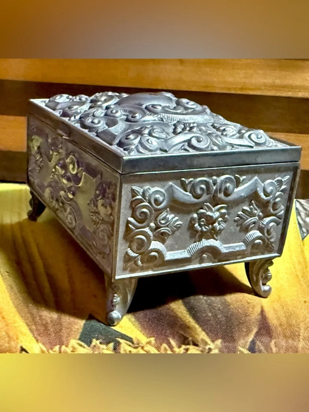 Vintage Art Nouveau Style Silver Plated Jewerly Box Trinket Box Blue Velvet
